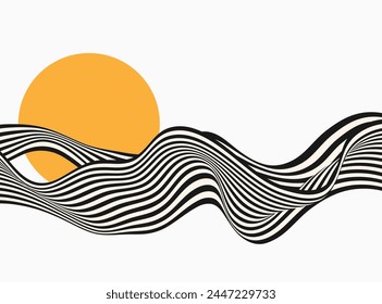 Abstract background optical illusion, black and white curves, flow, wave.