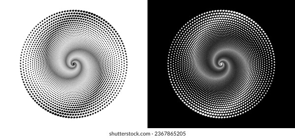 Ilusión óptica de fondo abstracto en círculo. Espiral de diseño artístico como logotipo o icono. Una figura negra en un fondo blanco y una figura igualmente blanca en el lado negro.