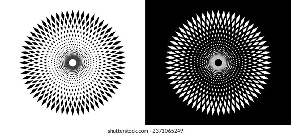 Abstract background optical illusion in circle. Art design spiral as logo or icon. A black figure on a white background and an equally white figure on the black side.