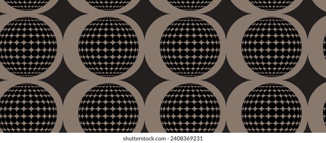 Abstract background with optical illusion of a dotted balls. Seamless pattern in a black and warm gray. Creative design for postcard, textile, packing and more. 3d effect. 60s style.