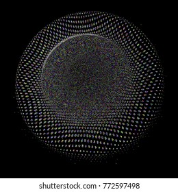 abstract background, optical illusion of gradient effect. Stipple effect. Rhythmic noise particles. Grain texture. Black background. Round on the water, vector stylized