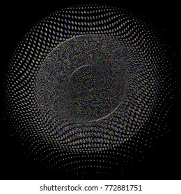 abstract background, optical illusion of gradient effect. Stipple effect. Rhythmic noise particles. Grain texture. Black background. Round on the water, vector stylized