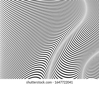  Abstract background with optical illusion wave. Black and white horizontal lines with wavy distortion effect for prints, web pages, template, posters, monochrome