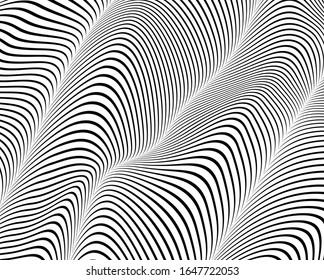  Abstract background with optical illusion wave. Black and white horizontal lines with wavy distortion effect for prints, web pages, template, posters, monochrome