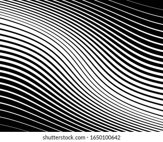  Abstract background with optical illusion wave. Black and white horizontal lines with wavy distortion effect for prints, web pages, template, posters, monochrome backgrounds and pattern