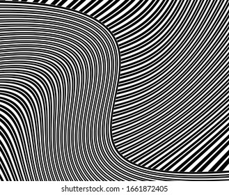 Abstract background with optical illusion wave. Black and white horizontal lines with wavy distortion effect for prints, web pages, template, posters, monochrome backgrounds and pattern 