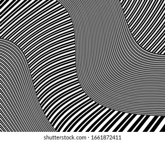 Abstract background with optical illusion wave. Black and white horizontal lines with wavy distortion effect for prints, web pages, template, posters, monochrome backgrounds and pattern 