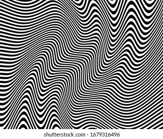 Abstract background with optical illusion wave. Black and white horizontal lines with wavy distortion effect for prints, web pages, template, posters, monochrome backgrounds and pattern