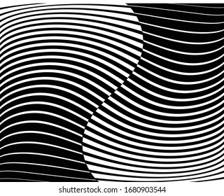 Abstract background with optical illusion wave. Black and white horizontal lines with wavy distortion effect for prints, web pages, template, posters, monochrome backgrounds and pattern