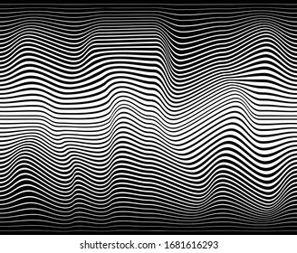 Abstrakter Hintergrund mit optischer Illusionswelle. Horizontale Linien Schwarz-Weiß mit starker Verzerrungswirkung für Drucke, Webseiten, Vorlagen, Plakate, einfarbige Hintergründe und Muster