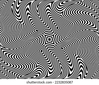  Abstract background with optical illusion wave. Black and white horizontal lines with wavy distortion effect for prints, web pages, template, posters, monochrome backgrounds and pattern