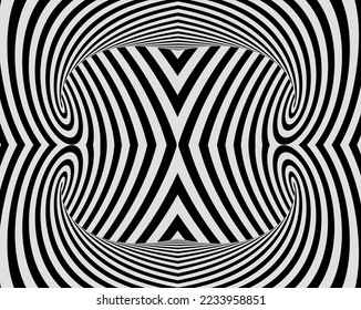 Abstract background with optical illusion wave. Black and white horizontal lines with wavy distortion effect for prints, web pages, template, posters, monochrome backgrounds and pattern