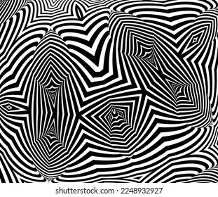 Abstrakter Hintergrund mit optischer Illusionswelle. Schwarz-Weiß-horizontale Linien mit starker Verzerrungswirkung für Drucke, Webseiten, Vorlagen, Plakate, einfarbige Hintergründe und Muster