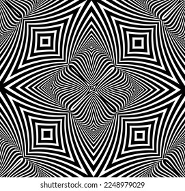 Abstract background with optical illusion wave. Black and white horizontal lines with wavy distortion effect for prints, web pages, template, posters, monochrome backgrounds and pattern 