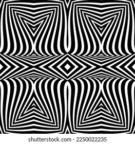 Abstract background with optical illusion wave. Black and white horizontal lines with wavy distortion effect for prints, web pages, template, posters, monochrome backgrounds and pattern