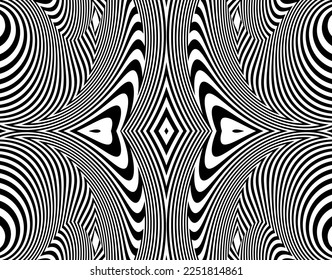  Fondo abstracto con onda de ilusión óptica. Líneas horizontales en blanco y negro con efecto de distorsión ondulada para impresiones, páginas web, plantilla, carteles, fondos monocromos y patrón