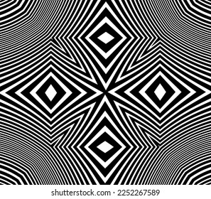  Abstract background with optical illusion wave. Black and white horizontal lines with wavy distortion effect for prints, web pages, template, posters, monochrome backgrounds and pattern