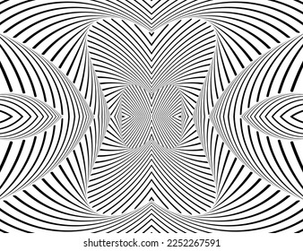  Fondo abstracto con onda de ilusión óptica. Líneas horizontales en blanco y negro con efecto de distorsión ondulada para impresiones, páginas web, plantilla, carteles, fondos monocromos y patrón