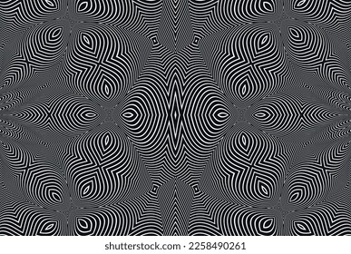 Abstract background with optical illusion wave. Black and white horizontal lines with wavy distortion effect for prints, web pages, template, posters, monochrome backgrounds and pattern