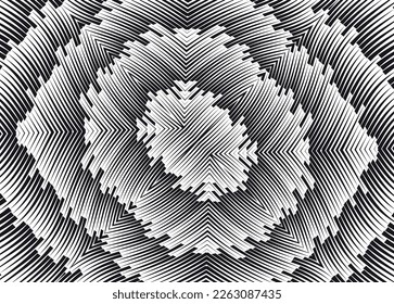Abstrakter Hintergrund mit optischer Illusionswelle. Horizontale Linien Schwarz-Weiß mit starker Verzerrungswirkung für Drucke, Webseiten, Vorlagen, Plakate, einfarbige Hintergründe und Muster