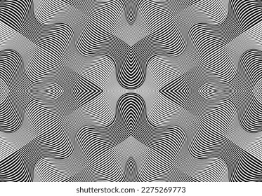 Abstract background with optical illusion wave. Black and white horizontal lines with wavy distortion effect for prints, web pages, template, posters, monochrome backgrounds and pattern