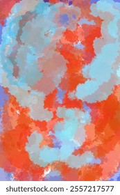 abstract background of orange and blue acrylic paint forming clouds
