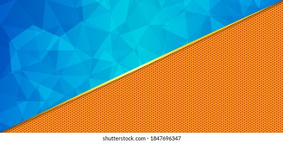 Abstrakter Hintergrund mit orangefarbenem und blauem Hintergrund. Die Kombination aus blauem Low-Poly-Blau mit orangefarbenem Hintergrund, kombiniert mit Goldlinien