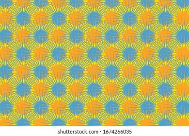 Abstract background with orange and blue thorns surrounded on a dark yellow background