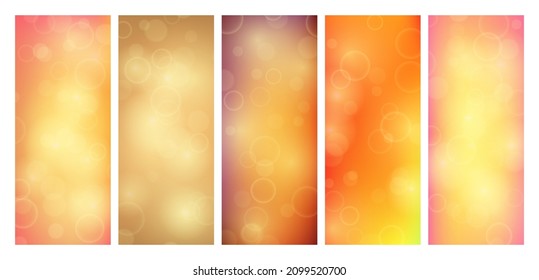 Abstract background with orange blur bokeh light effect. Set of modern colorful circular blur light backdrop. Vector illustration