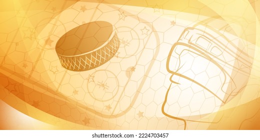 Abstract background in orange colors with different hockey symbols such as puck, stick, helmet, ice rink