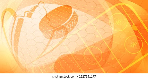 Abstract background in orange colors with different hockey symbols such as puck, stick, ice rink, cup