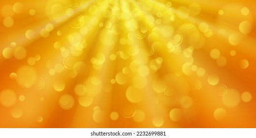 Abstract background in orange colors with diverging rays of light and small translucent circles with bokeh effect