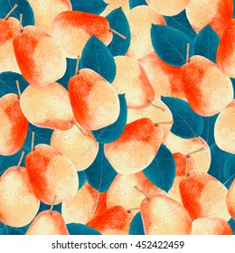 Abstract background with orange fresh pears. Seamless pattern.