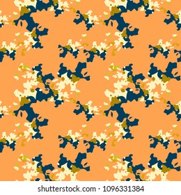 Abstract background in orange, green and blue colors as UFO camouflage. Seamless repeat bright pattern usable as unusual urban camo, wallpaper, backdrop or for print for textile