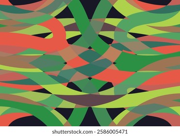 Abstract background of orange, green, brown and red curved and tangled strokes on black background