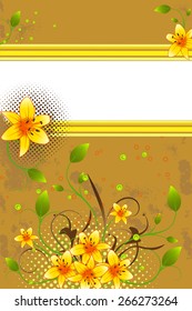 Abstract background with orange lily, stripes and scroll, vector illustration