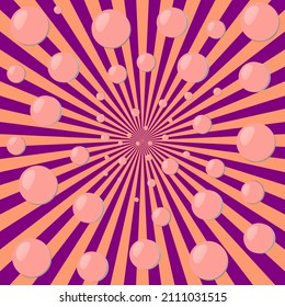Abstract background with orange and purple beams, bubbles hanging in the air. Bright abstract background with many balls. Circles and stripes.