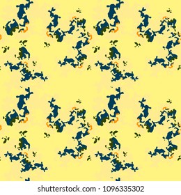 Abstract background in orange, yellow, green and blue colors as UFO camouflage. Seamless repeat bright pattern usable as unusual urban camo, wallpaper, backdrop or for print for textile