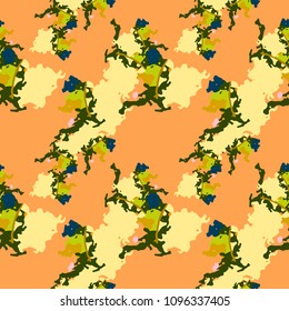Abstract background in orange, yellow, green, blue colors as UFO camouflage. Seamless repeat bright pattern usable as unusual urban camo, wallpaper, backdrop or for print for textile