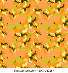 Abstract background in orange, yellow, green colors as UFO camouflage. Seamless repeat bright pattern usable as unusual urban camo, wallpaper, backdrop or for print for textile