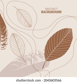 Abstract background with organic flowing shapes and leaf imprint. Modern minimalist design in scandinavian style. Vector illustration in pastel colors.