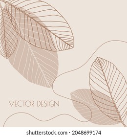 Abstract background with organic flowing shapes and leaf imprint. Modern minimalist design in scandinavian style. Vector illustration in pastel colors.