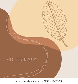 Abstract background with organic flowing shapes and leaf imprint. Modern minimalist design in scandinavian style. Vector illustration in pastel colors.