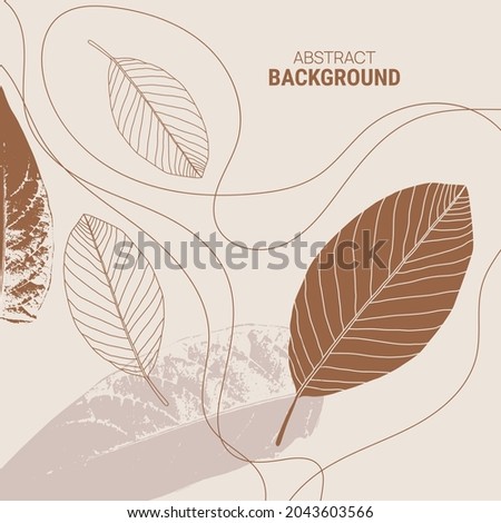 Abstract background with organic flowing shapes and leaf imprint. Modern minimalist design in scandinavian style. Vector illustration in pastel colors.