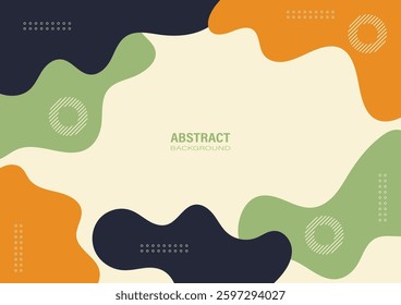 Abstract background with organic, fluid shapes, including shades of navy, orange, green, and beige. The design includes white circle lines, making it suitable for graphic design.