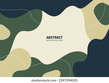 Abstract background with organic, fluid shapes in cool tones, including shades of navy, green, and beige. The design includes dotted patterns and curving white lines, appropriate for graphic design.
