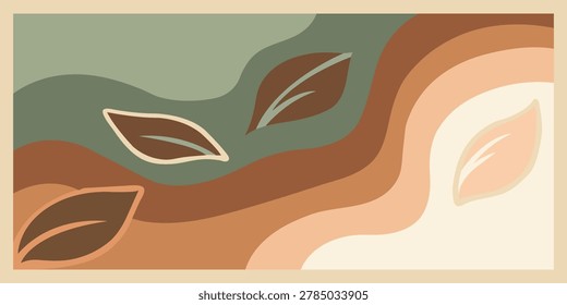 Abstract background with organic wavy shapes and floating leaves in a modern minimalist style. Earthy color palette with sage green, terracotta, and beige.