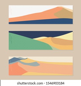 Abstract background with oriental elements. Japanese wave pattern with mountain background. Asian banner design. Chinese sunset template. Wavy cover and layout. 