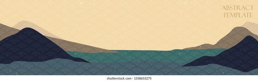 Abstract background with oriental elements. Japanese wave pattern with mountain background. Asian banner design. Chinese sunset template. Wavy cover and layout. 