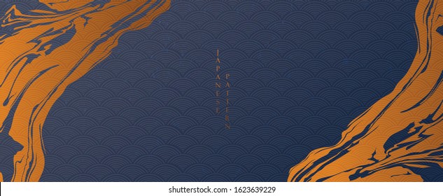 Abstract background in oriental style. Brush stroke banner. Geometric line with Japanese pattern vector. Wavy shapes in oriental template. Blue gradient wallpaper in vintage style. 